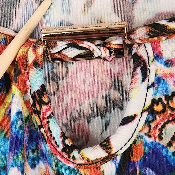 Dalin Womens Top 2X Keyhole Geo Graphic Print Ruched Sleeves Boho Artsy Stretch - Picture 4 of 10